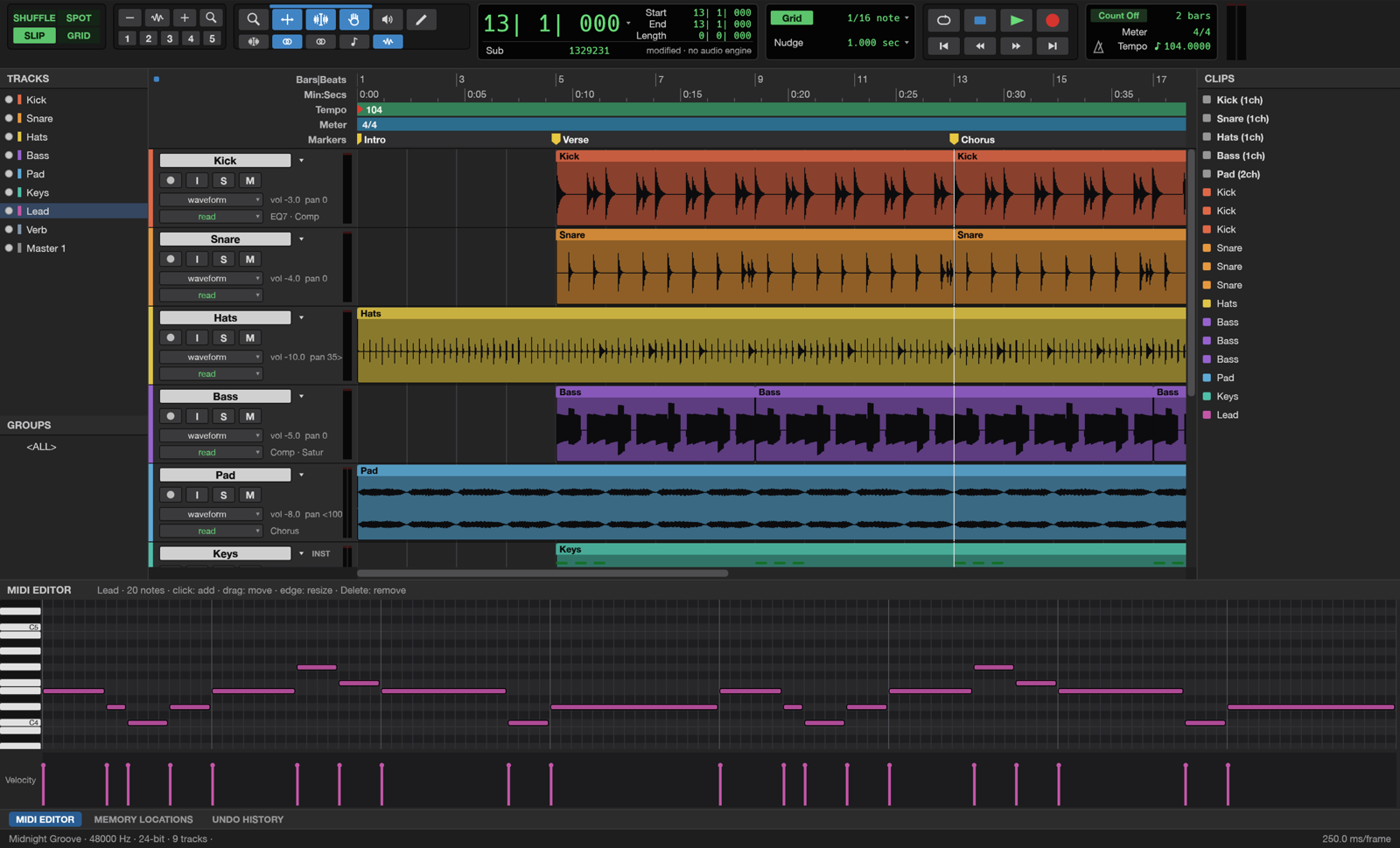 The Studio's MIDI editor with a piano roll and velocity lane
