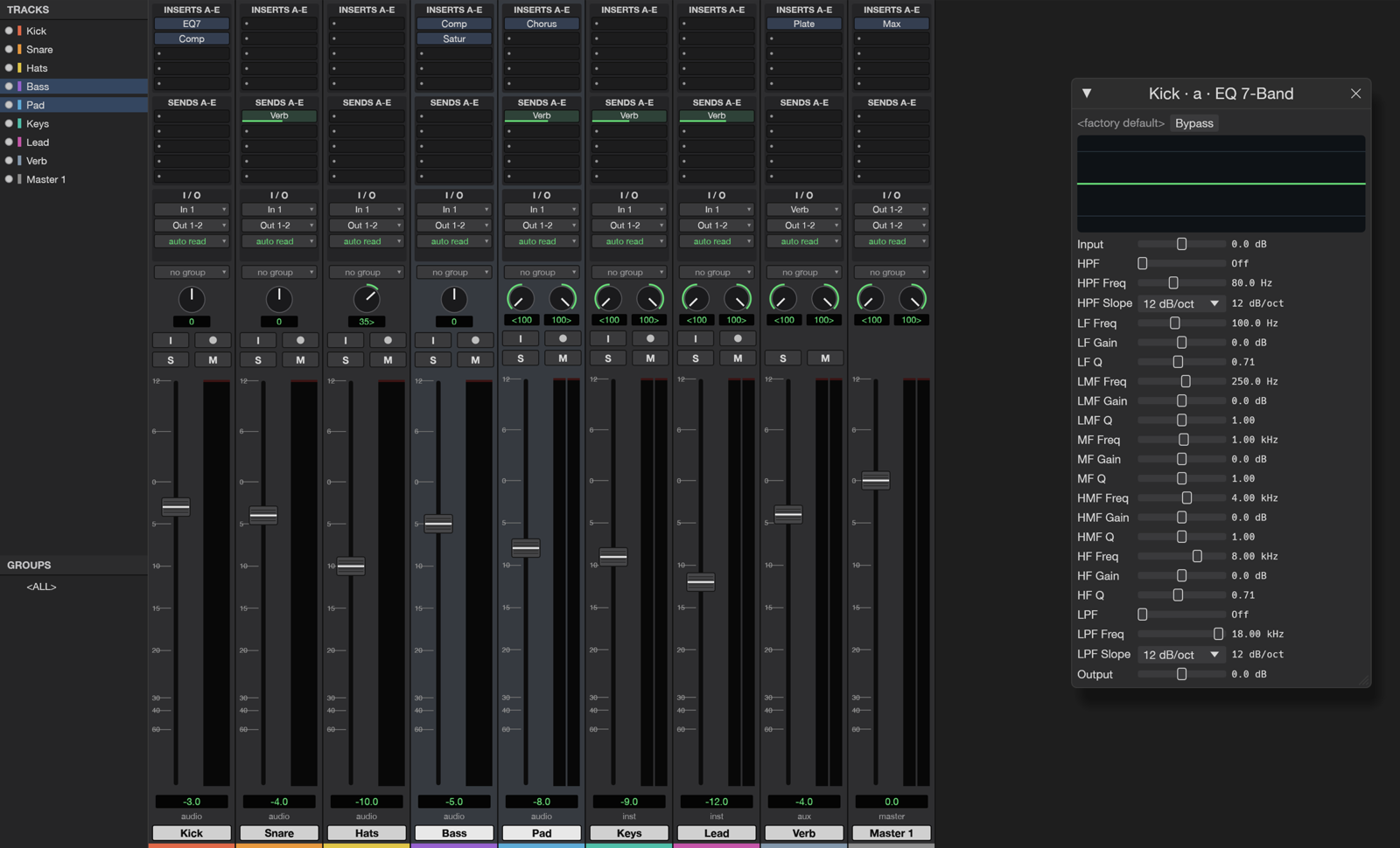 The Studio's mix window with channel strips and an EQ plugin