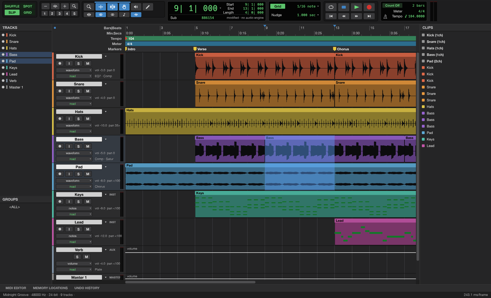 AudioCharger Studio's edit window with drum, bass, pad, keys and lead tracks